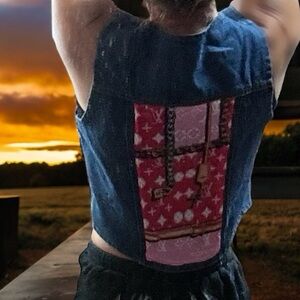 Denim Vest with Custom sewn scarf appliqué
